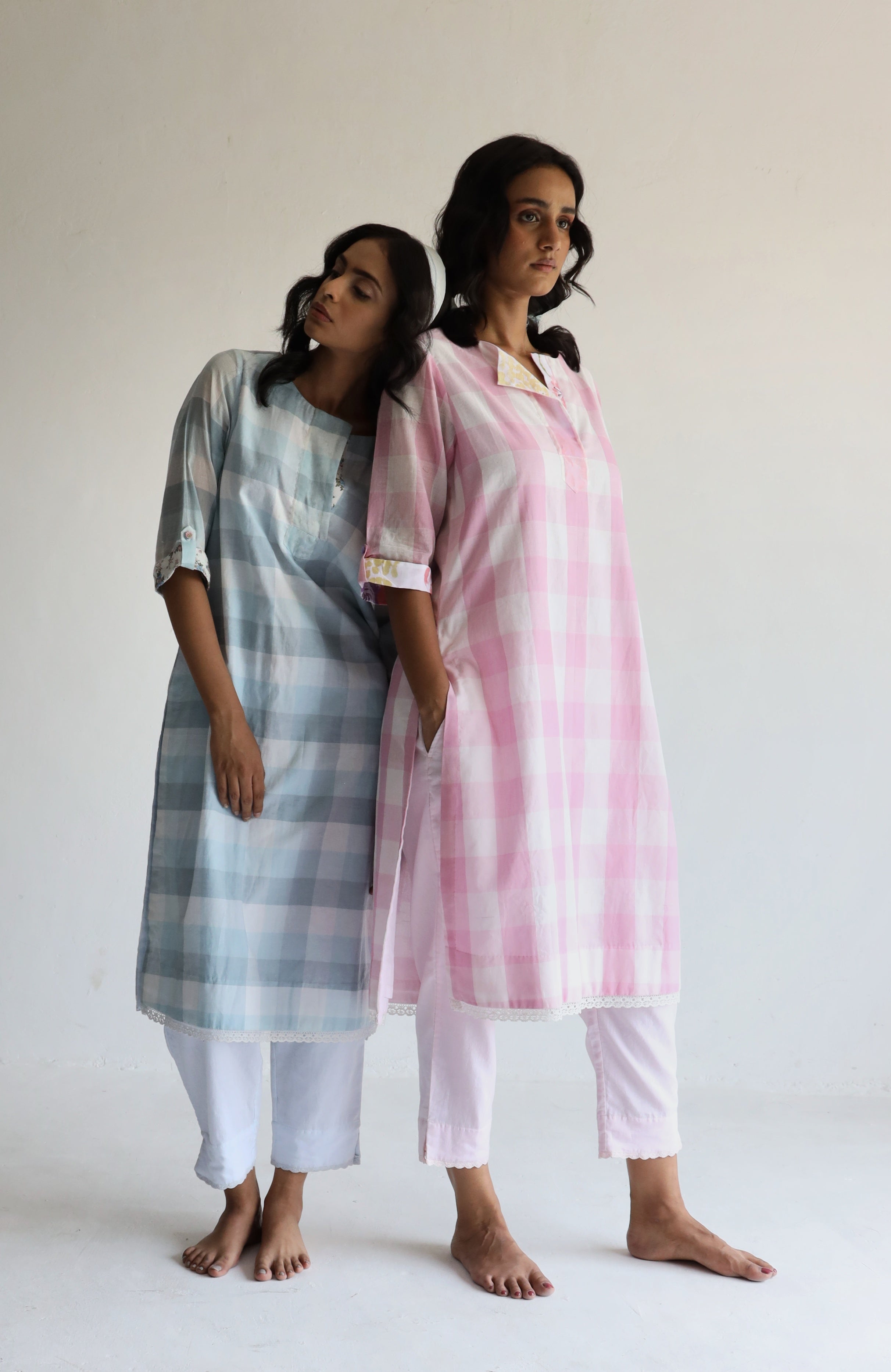 HK Kurta in Blue Jamdani Lungi Checks with Pants
