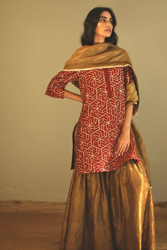 Mini Kurta In Red Gota Chanderi With Sharara