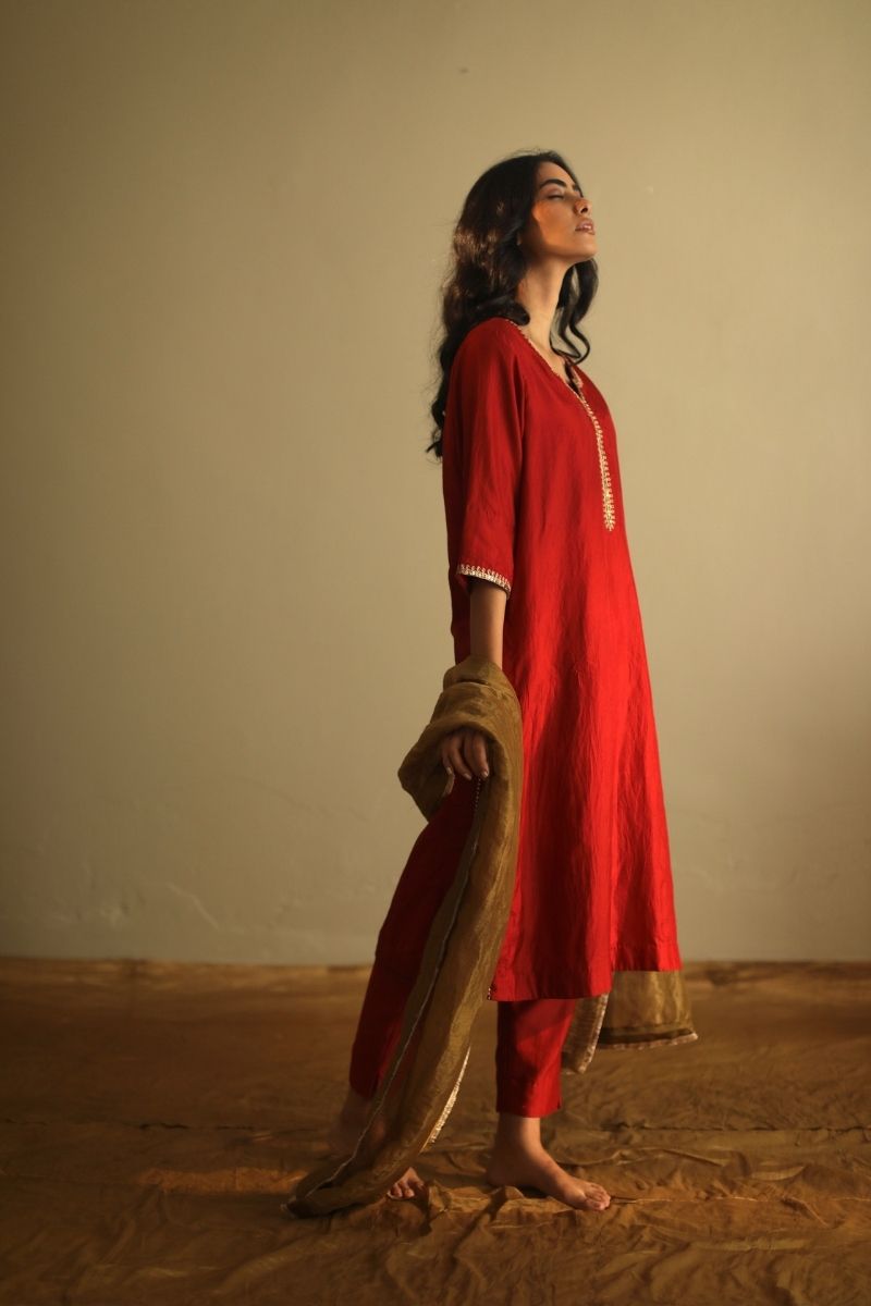 Saifi Kurta In Deep Rust Red Handloom Chanderi With Pant