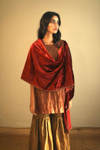 Stole In Red Velvet With Zari Scallope