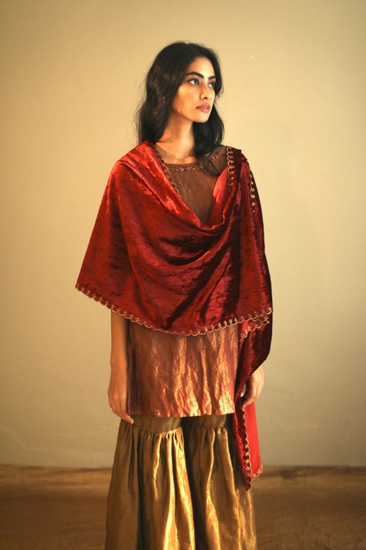 Stole In Red Velvet With Zari Scallope