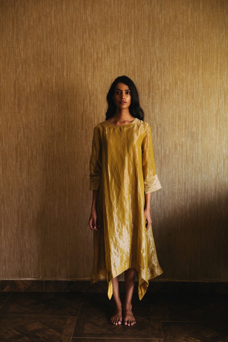 Asymmetric Dress In Mustard Handwoven Tissue With Palazzo