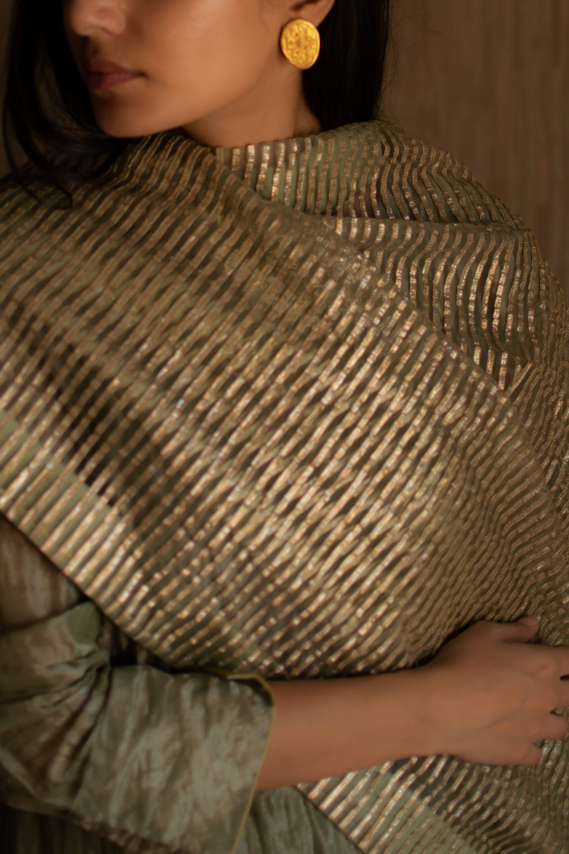 CC Dupatta In Green Gota Stripes