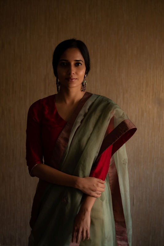 Green silk organza Sari with zardosi hand embroidery