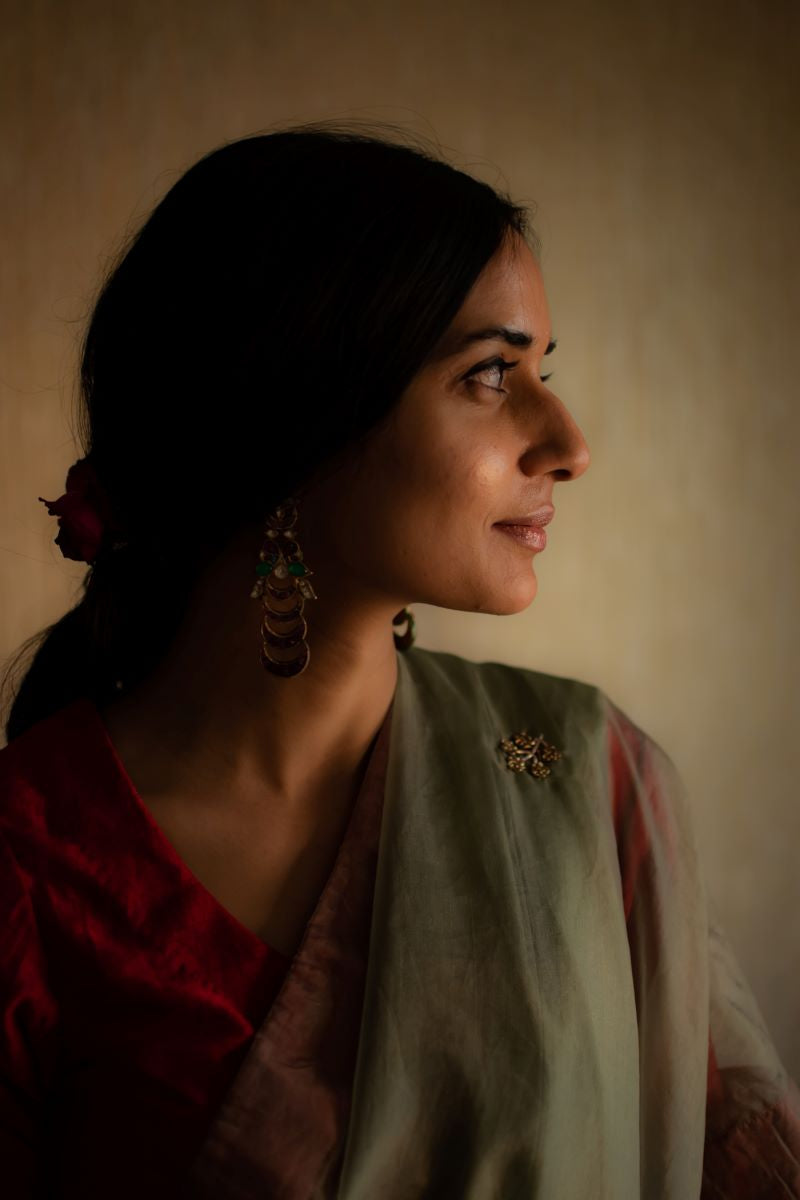 Green silk organza Sari with zardosi hand embroidery