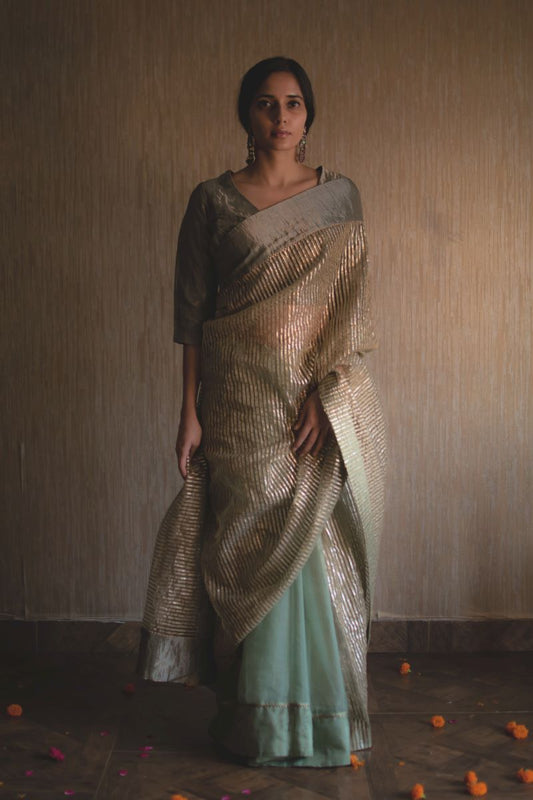 CC Sari in Green Half Gotaa Stripes Half Organza