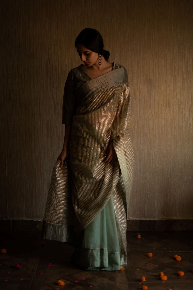 CC Sari in Green Half Gotaa Stripes Half Organza