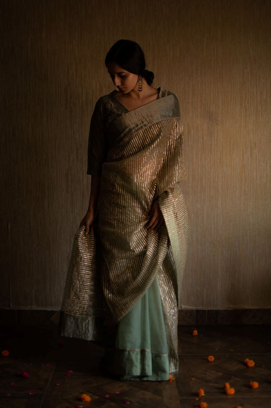 CC Sari in Green Half Gotaa Stripes Half Organza