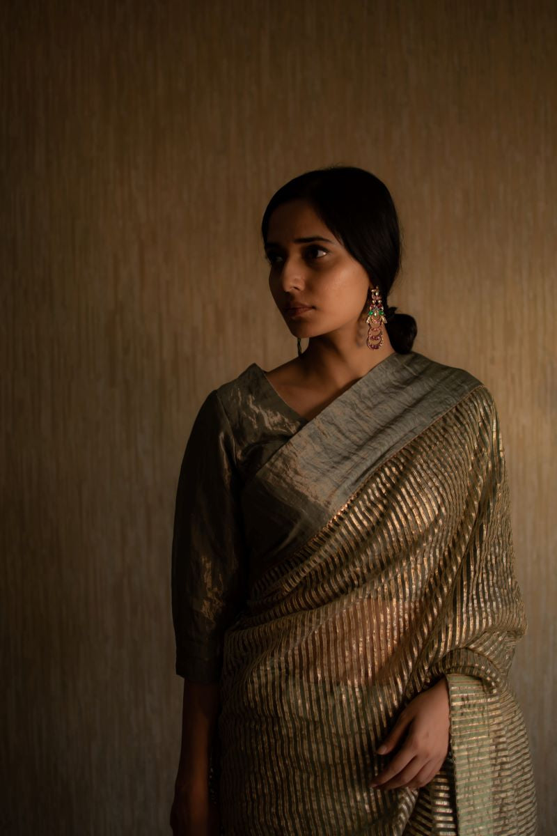 CC Sari in Green Half Gotaa Stripes Half Organza