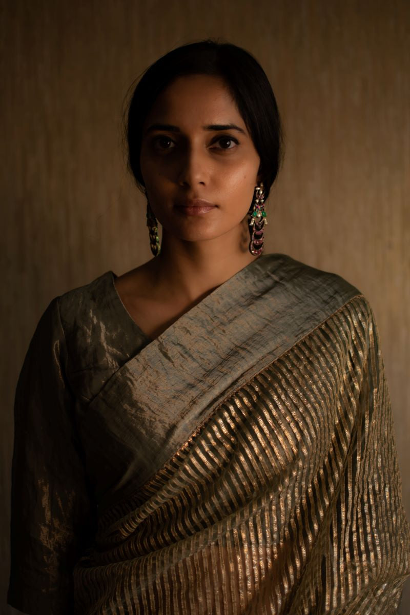 CC Sari in Green Half Gotaa Stripes Half Organza