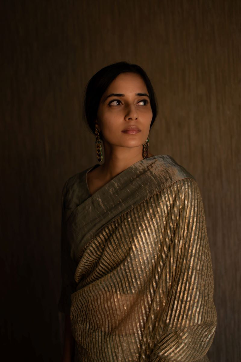 CC Sari in Green Half Gotaa Stripes Half Organza