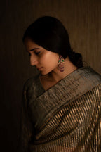 CC Sari in Green Half Gotaa Stripes Half Organza