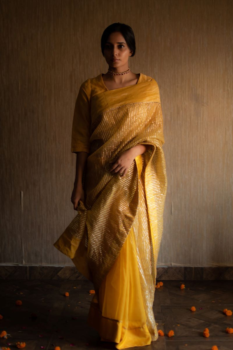 CC Sari In Yellow Half Gota Stripes Half Organza