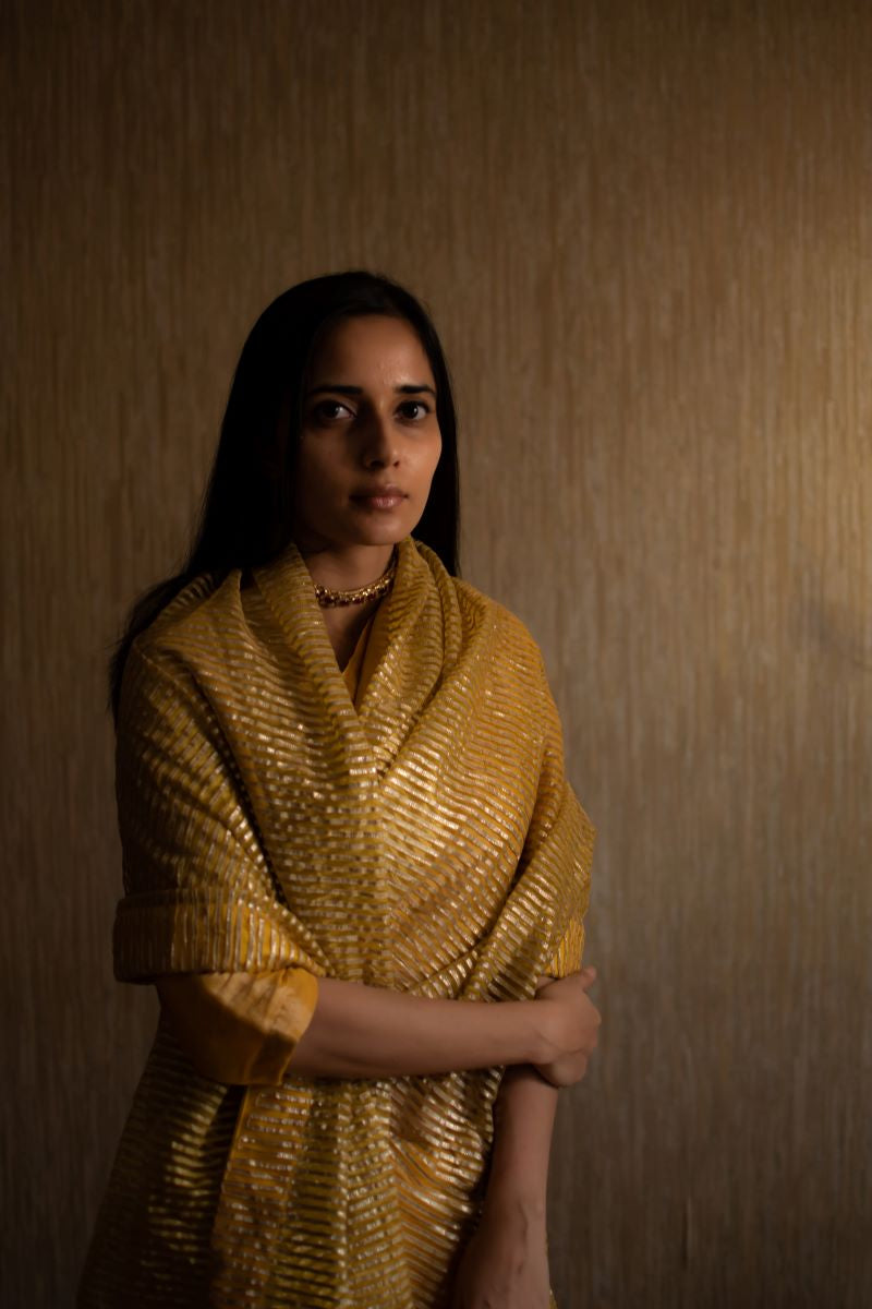 CC Sari In Yellow Half Gota Stripes Half Organza