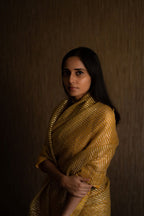 CC Sari In Yellow Half Gota Stripes Half Organza