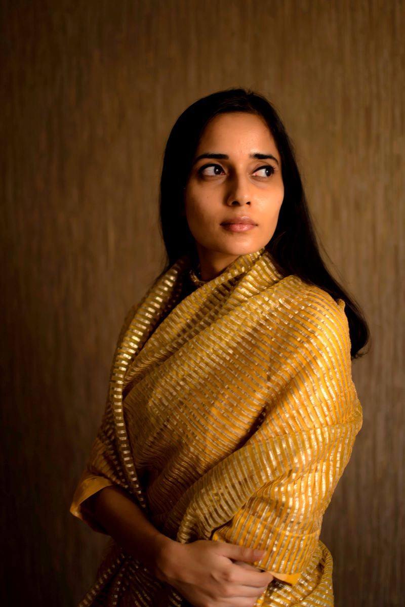 CC Sari In Yellow Half Gota Stripes Half Organza