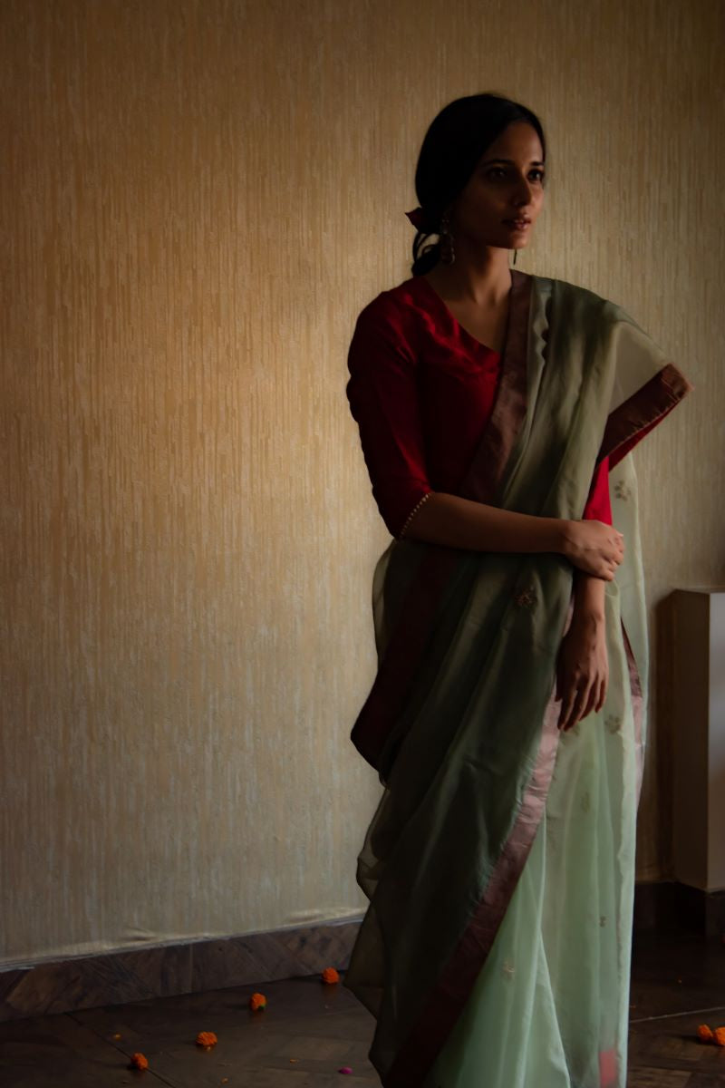 Green silk organza Sari with zardosi hand embroidery