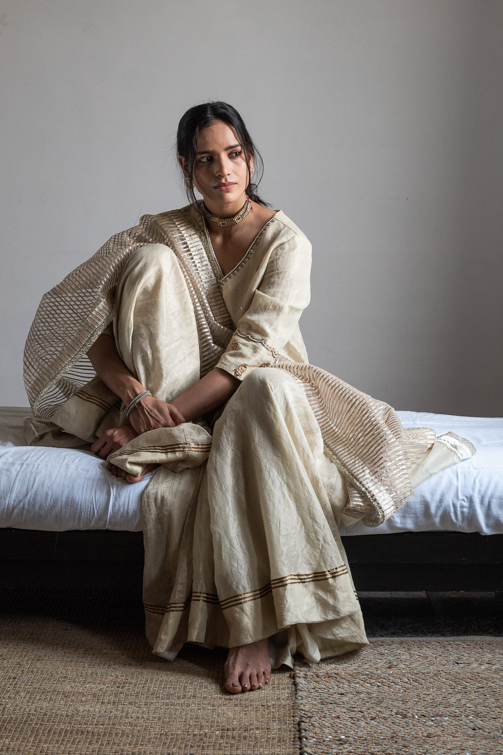 Dupatta in Ivory Chanderi & CC gota