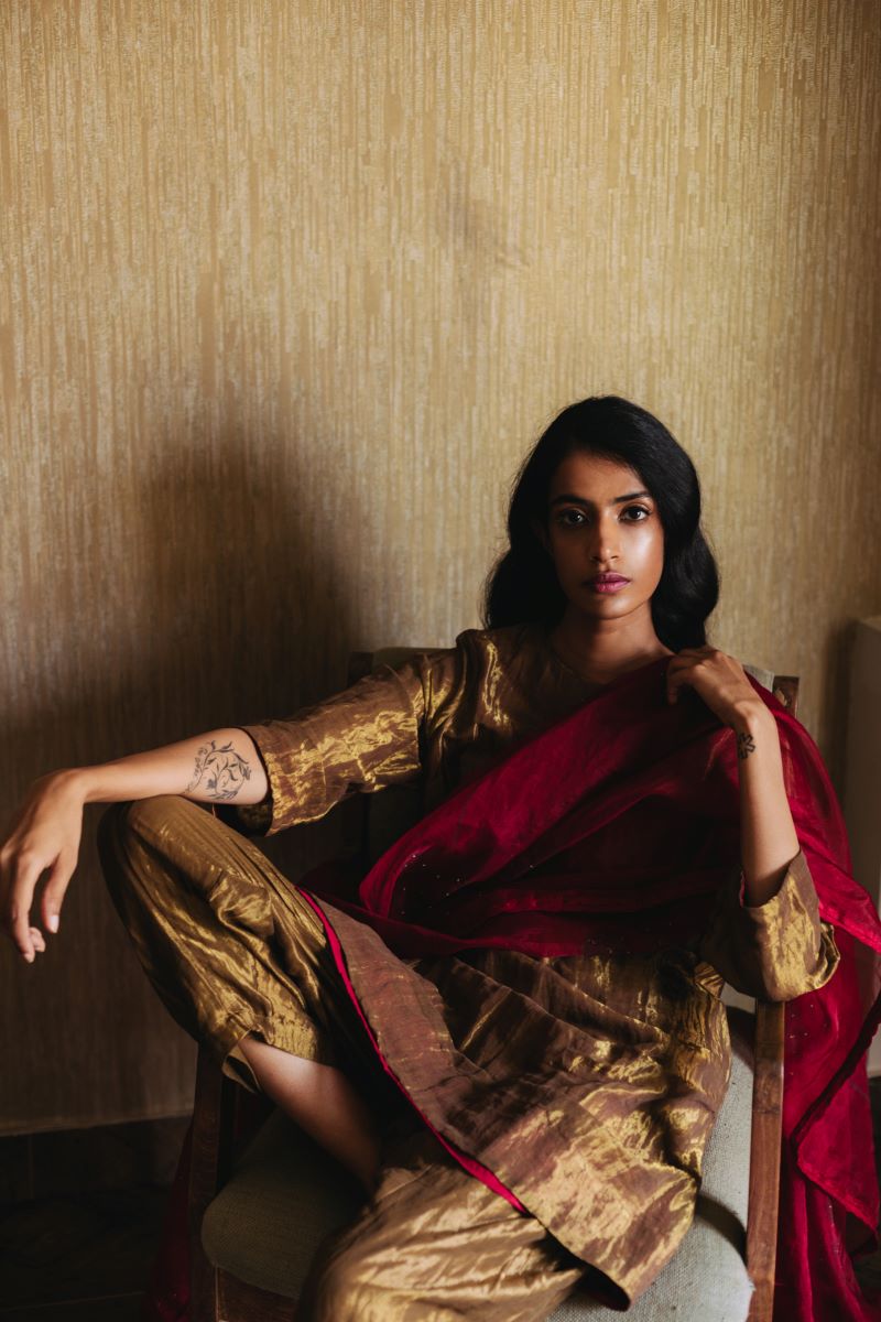 Stole In Red Organza with Block Print