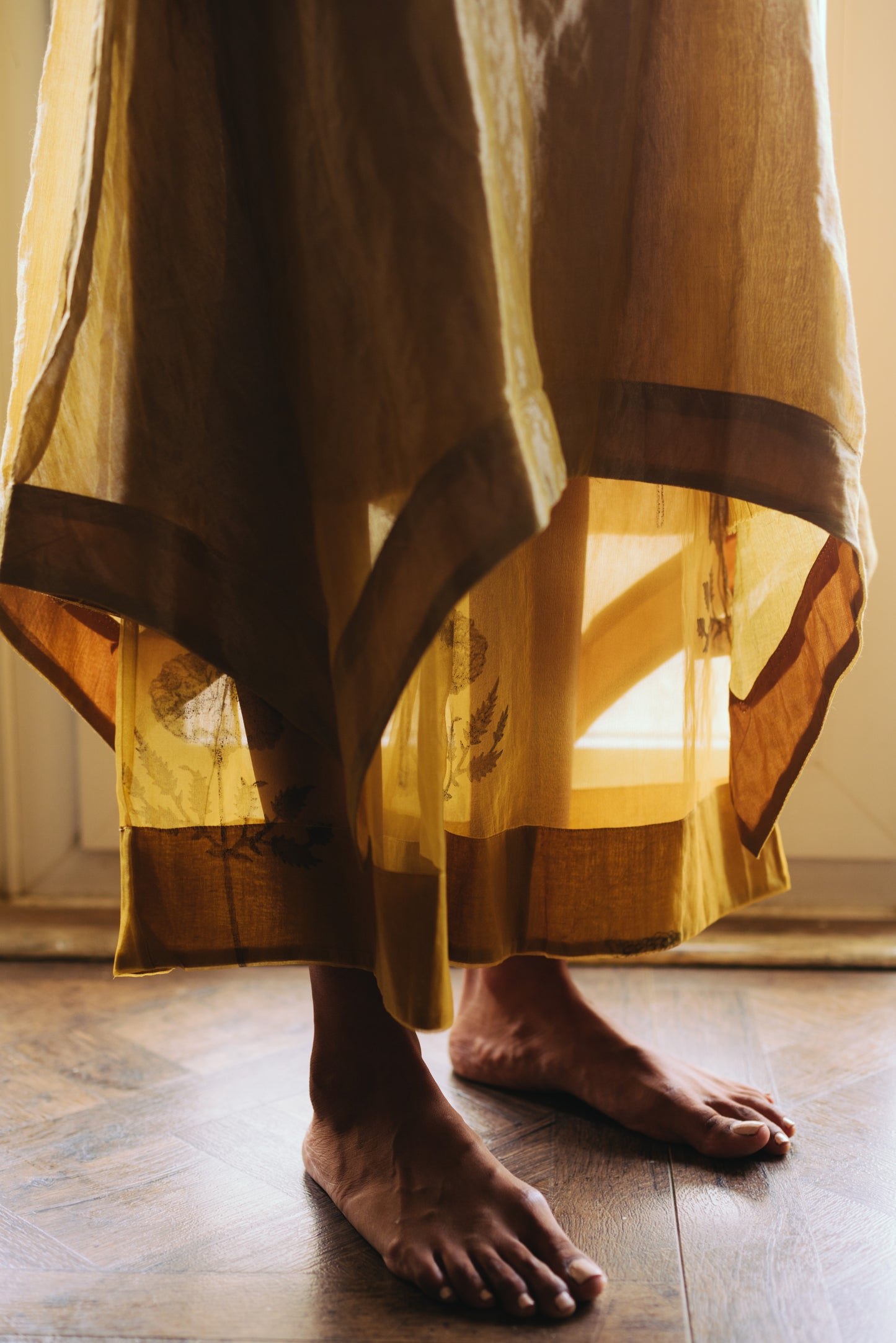 Asymmetric Dress In Mustard Handwoven Tissue With Palazzo