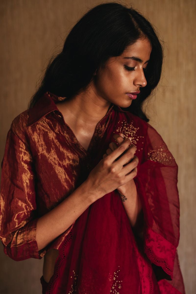 Shirt Blouse In Red Handwoven Tissue