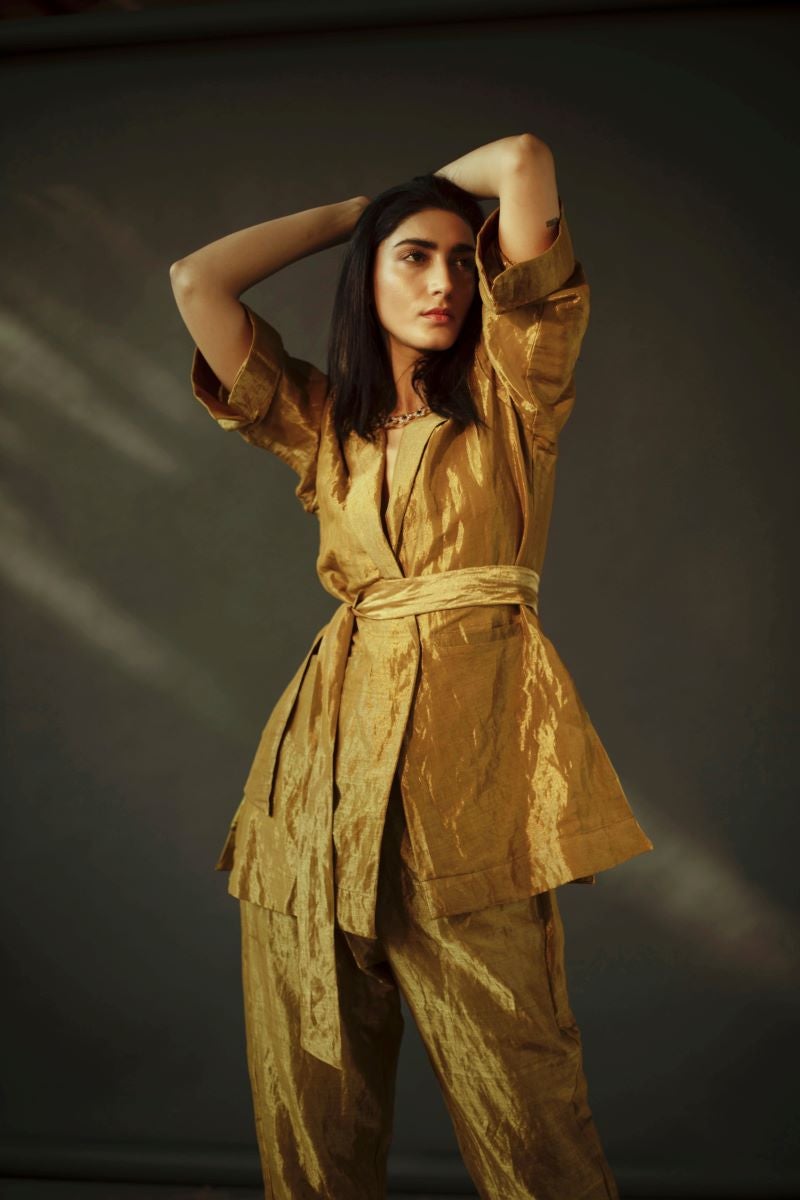 Blazer & Pant Set In Antique Gold Handloom Tissue