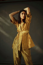 Blazer & Pant Set In Antique Gold Handloom Tissue