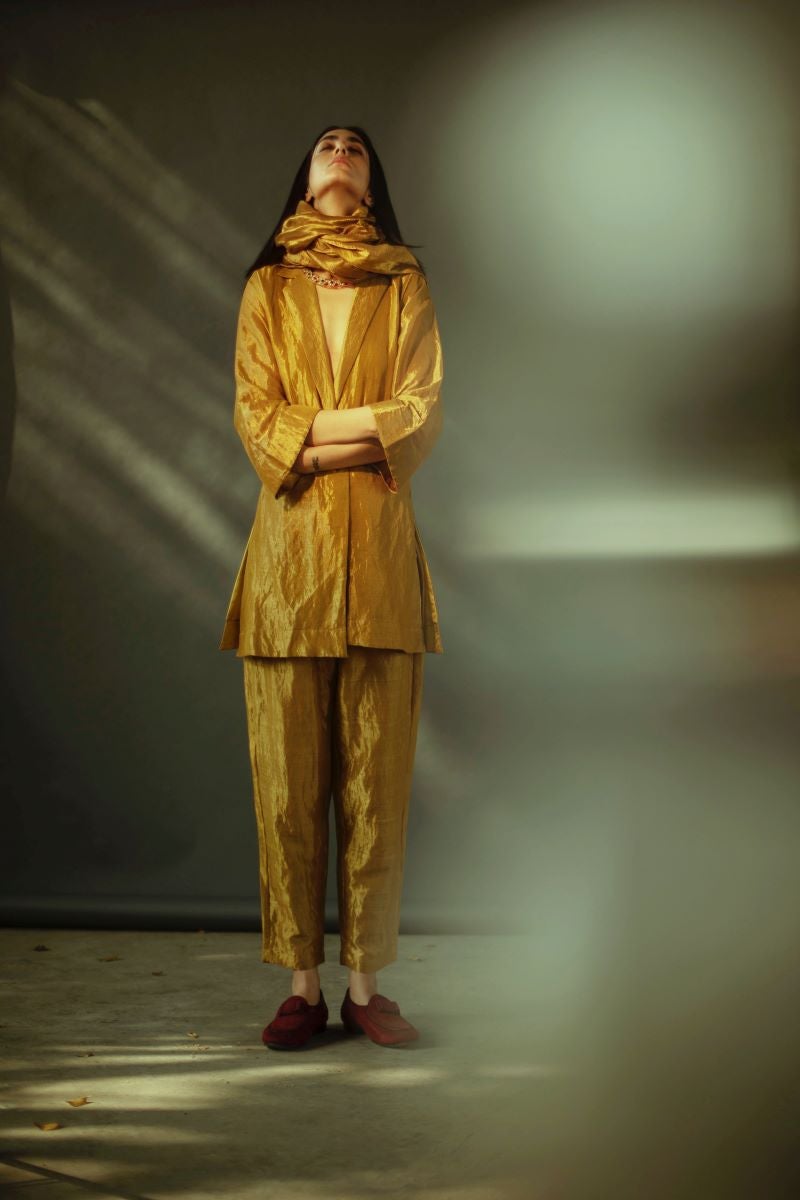 Blazer & Pant Set In Antique Gold Handloom Tissue