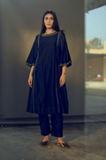 Choga In Navy Handloom Chanderi With Cigarette Pant