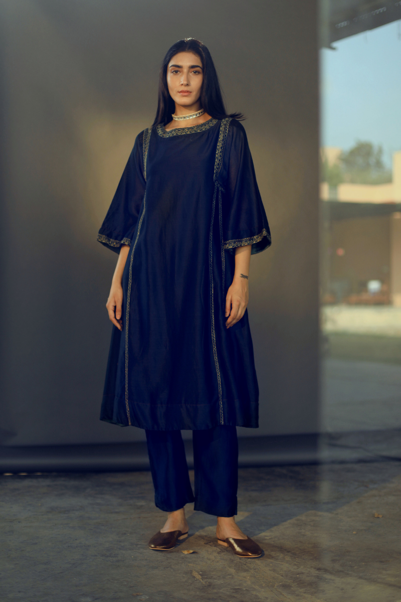 Choga In Navy Handloom Chanderi With Cigarette Pant