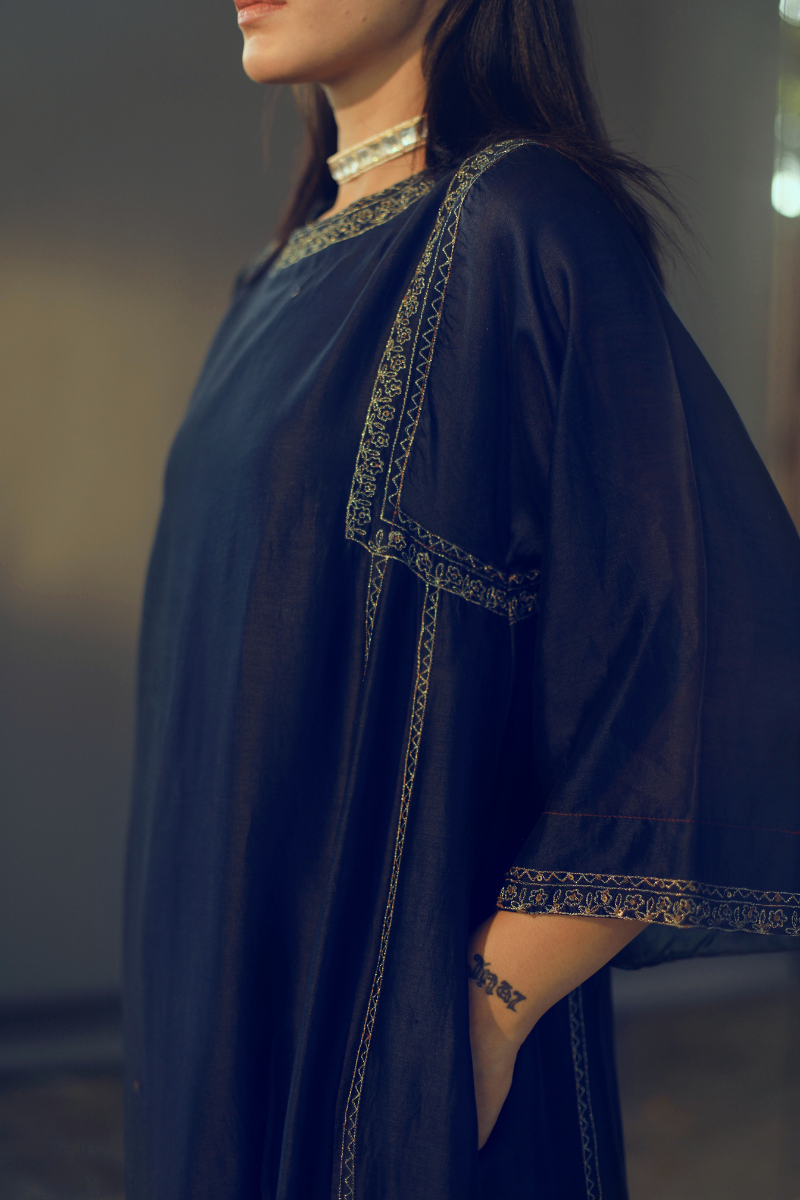 Choga In Navy Handloom Chanderi With Cigarette Pant