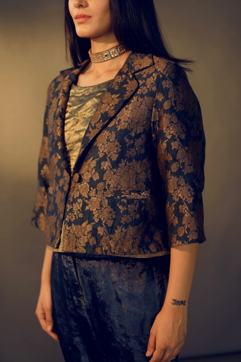 Blazer In Navy Benarasi Brocade