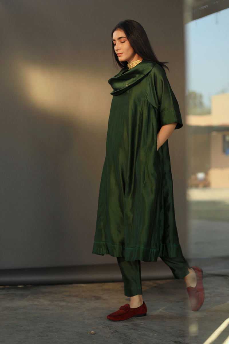 Cowl Choga In Olive Green Chanderi With Cigarette Pant