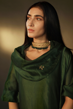 Cowl Choga In Olive Green Chanderi With Cigarette Pant