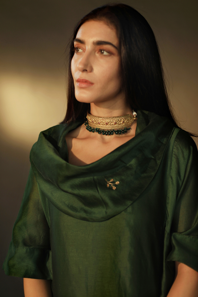 Cowl Choga In Olive Green Chanderi With Cigarette Pant