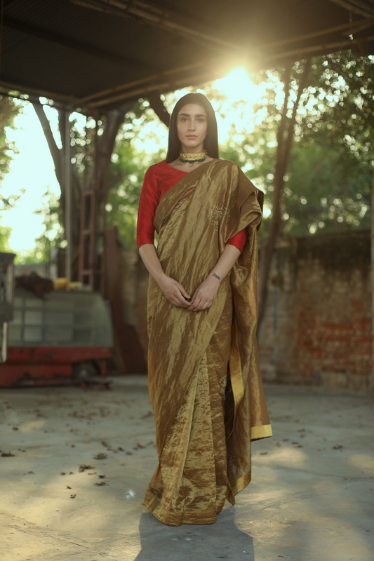 Sari In  Antique Gold Handloom Tissue