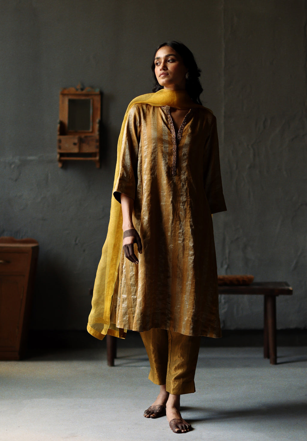 Maxi Kurta in Vintage Gold Tissue stripes Chanderi with Pants