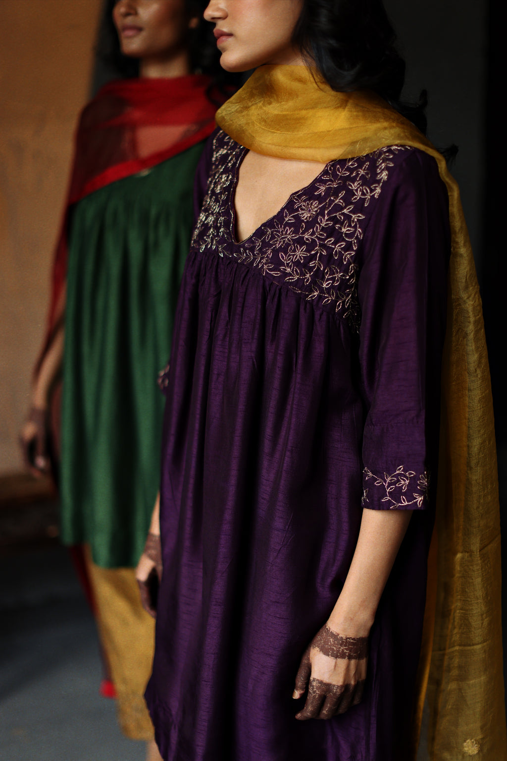 Empireline Kurta in Garnet Purple Raw Silk with Shalwar