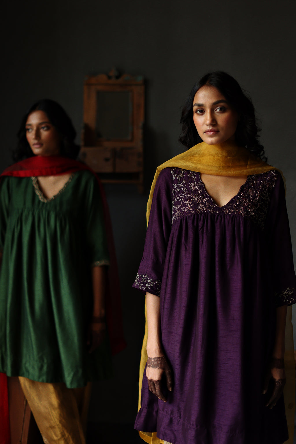 Empireline Kurta in Garnet Purple Raw Silk with Shalwar