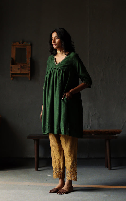 Empireline Kurta in Emerald Green Raw Silk with Shalwar