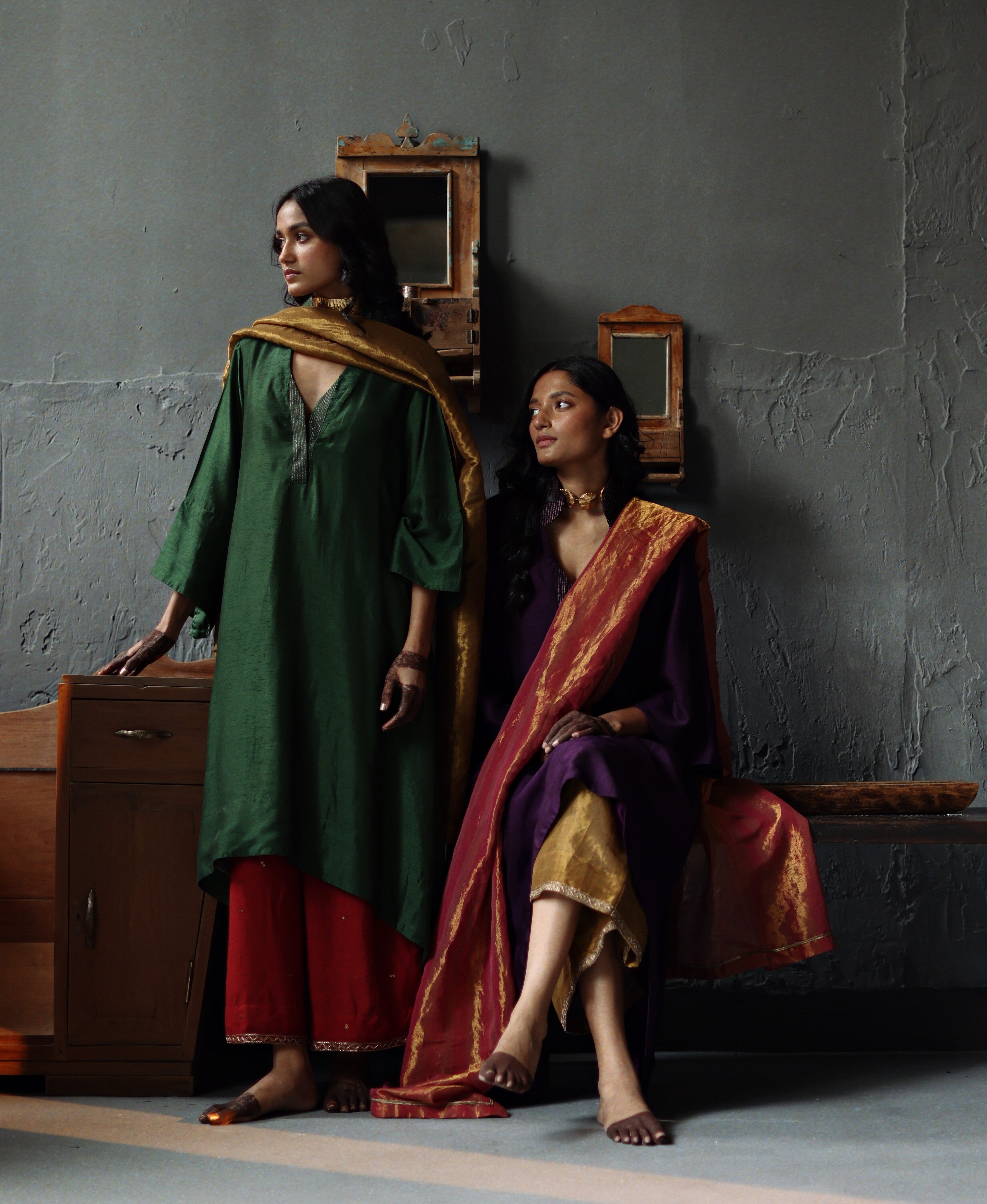 Ooch Neech in Garnet Purple Raw Silk with Farshi