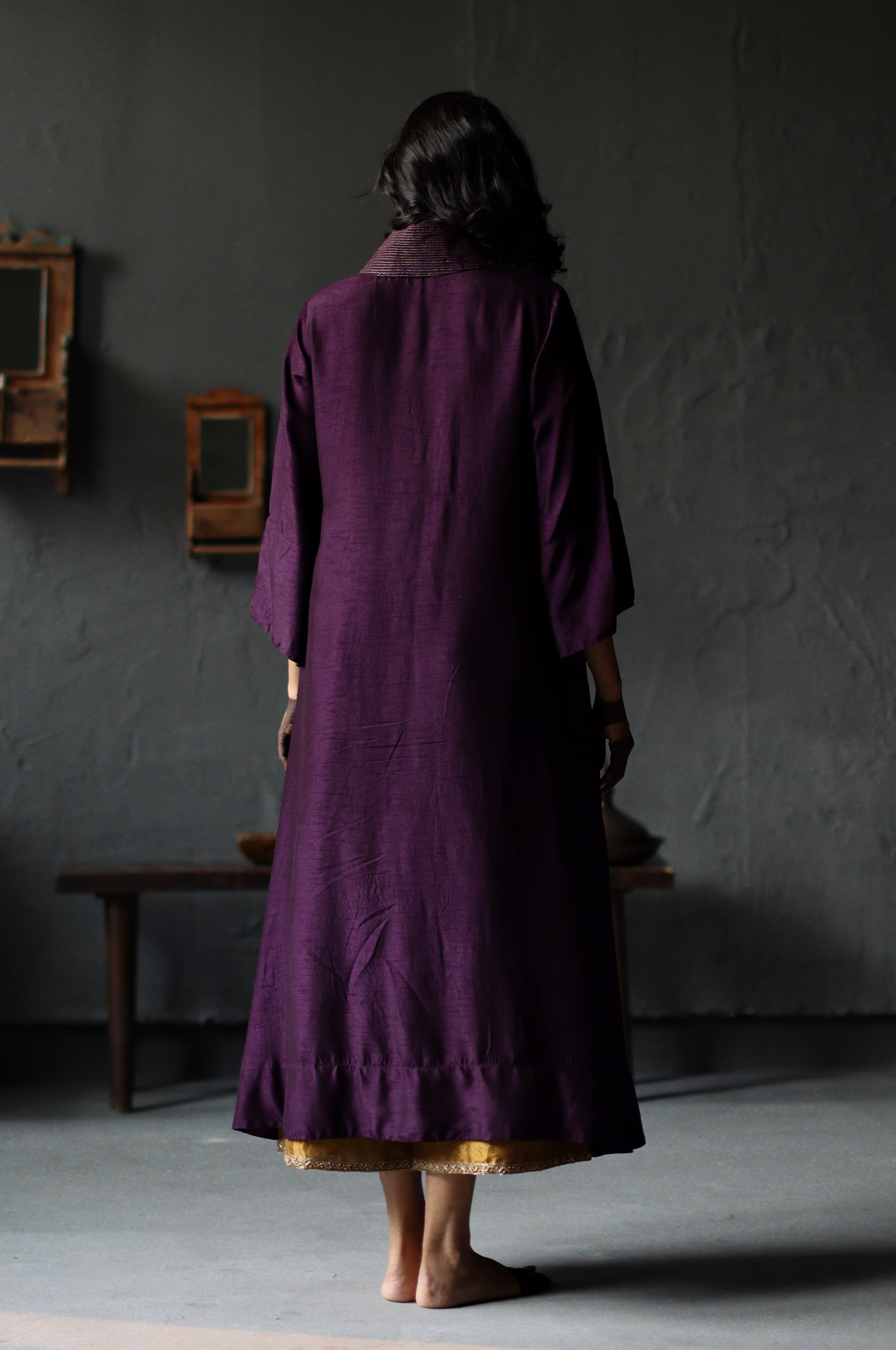 Ooch Neech in Garnet Purple Raw Silk with Farshi