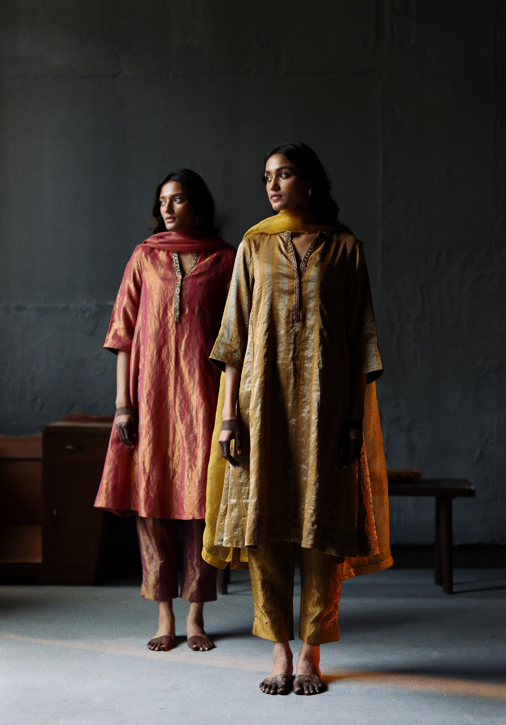 Maxi Kurta in Vintage Gold Tissue stripes Chanderi with Pants