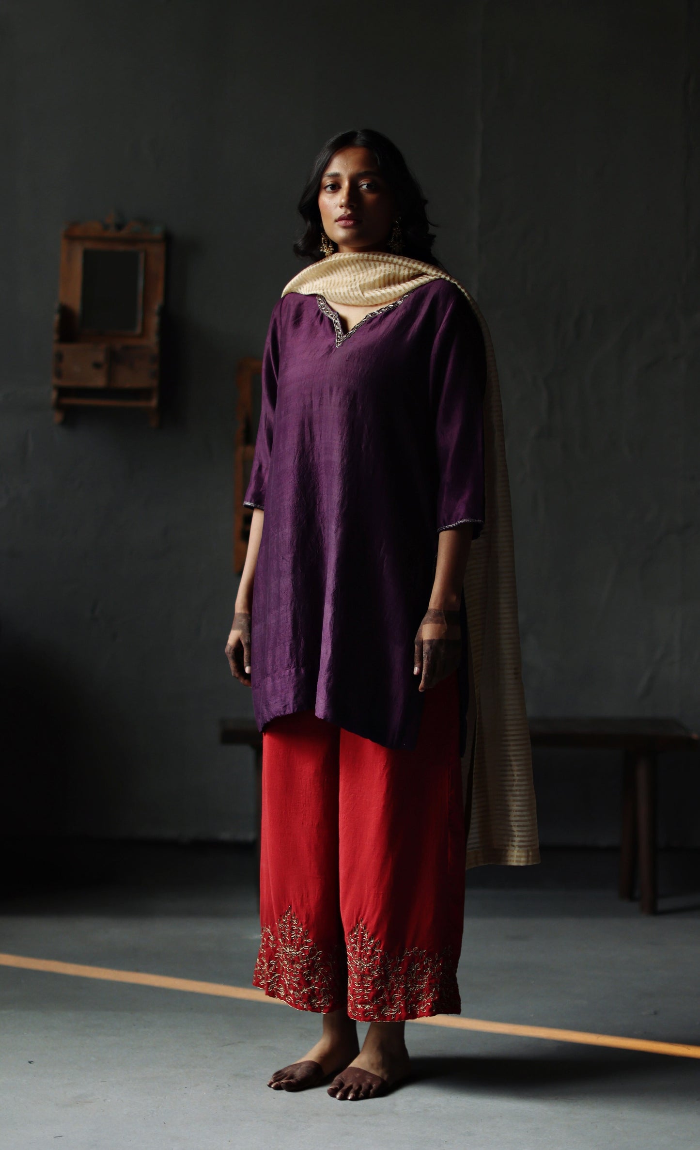 Anisa Kurta in Garnet Purple Silk with Farshi