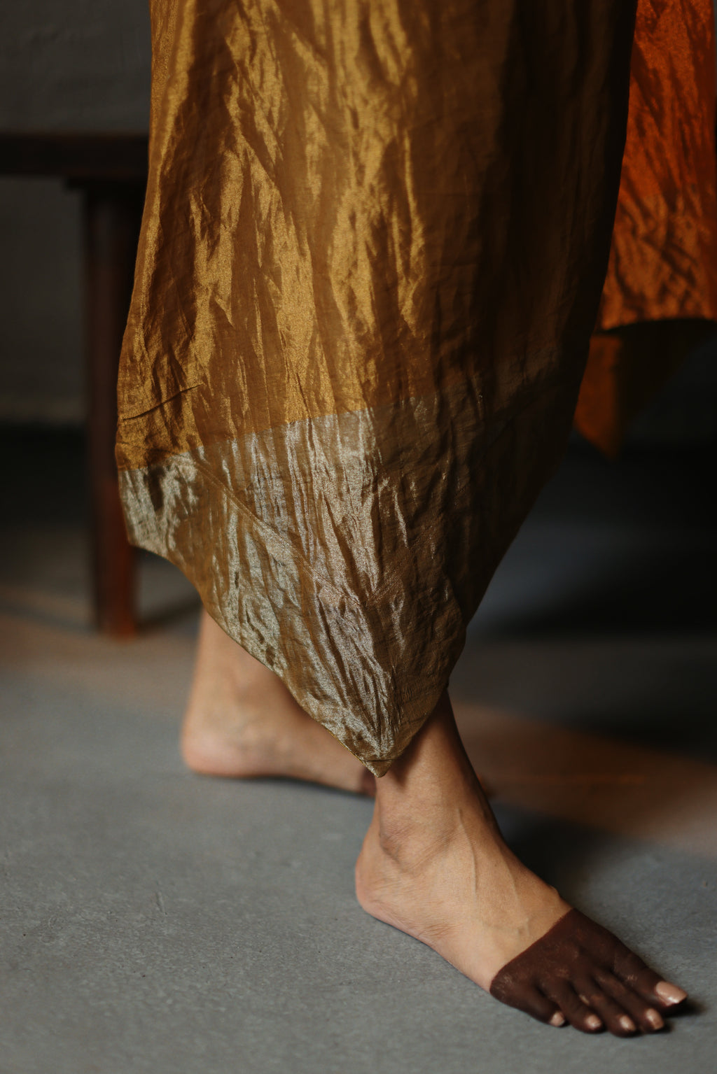 Asymmetrical Dress in Vintage Gold Tissue with Pants