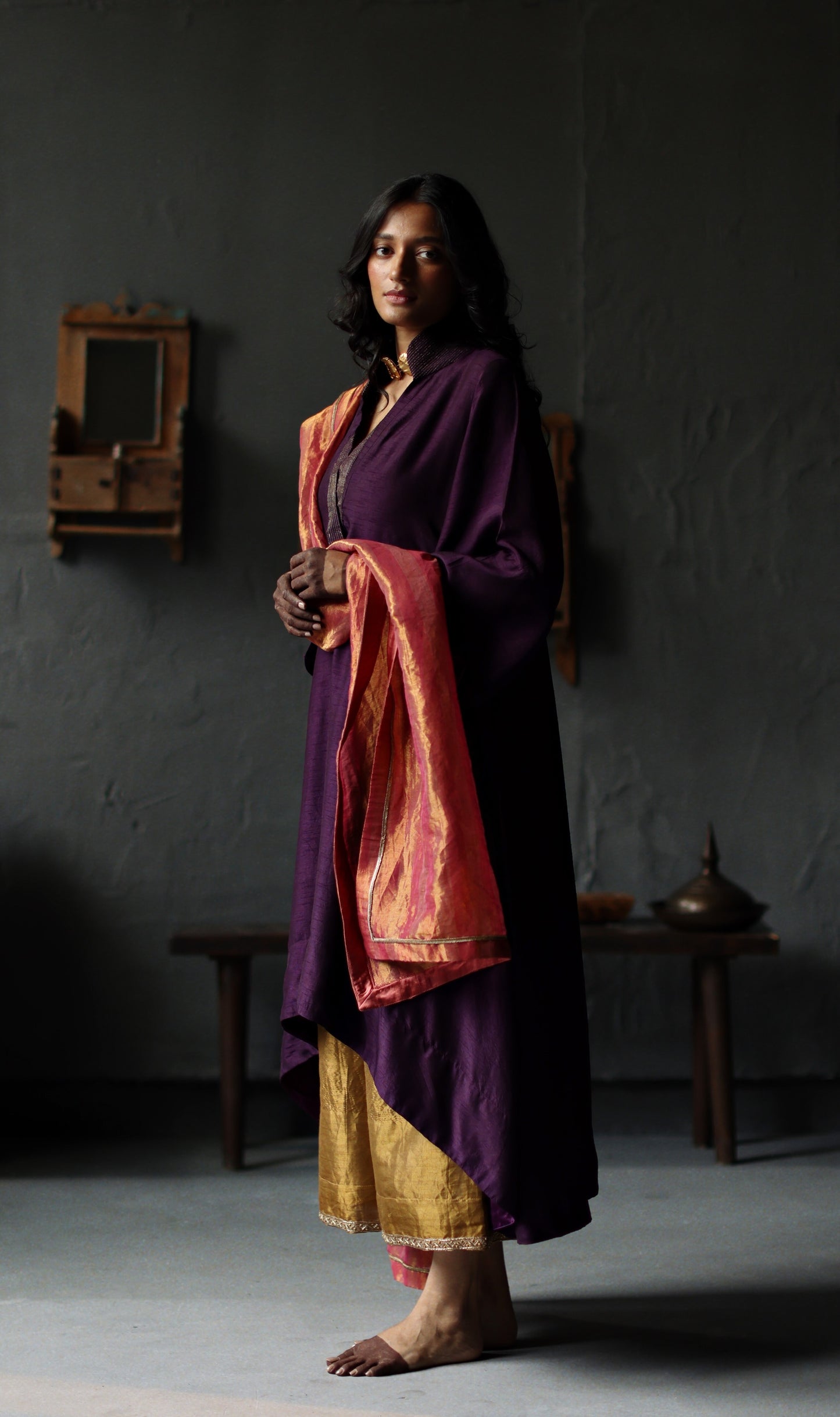 Ooch Neech in Garnet Purple Raw Silk with Farshi