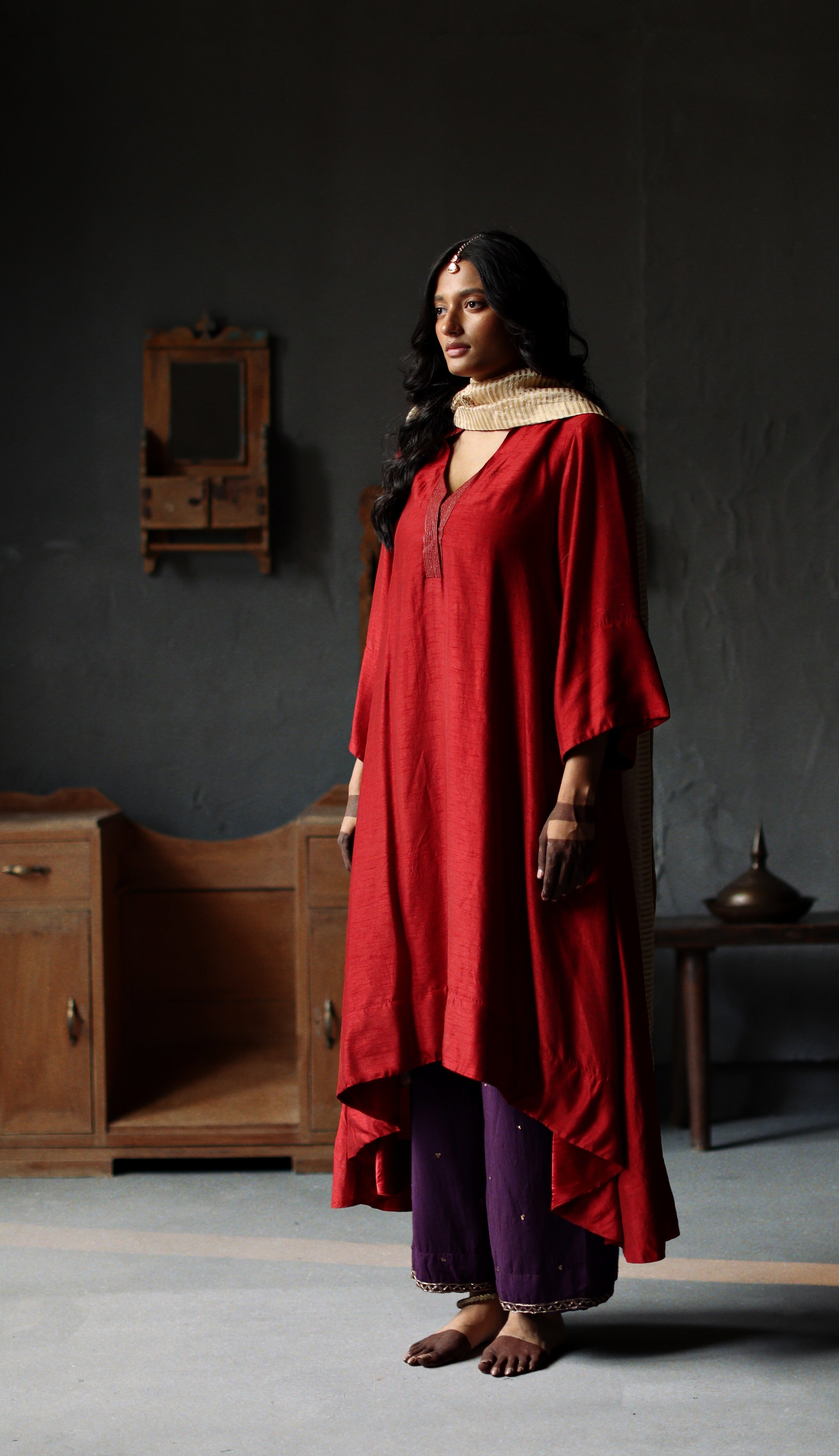Ooch Neech in Ruby Red Raw Silk with Farshi