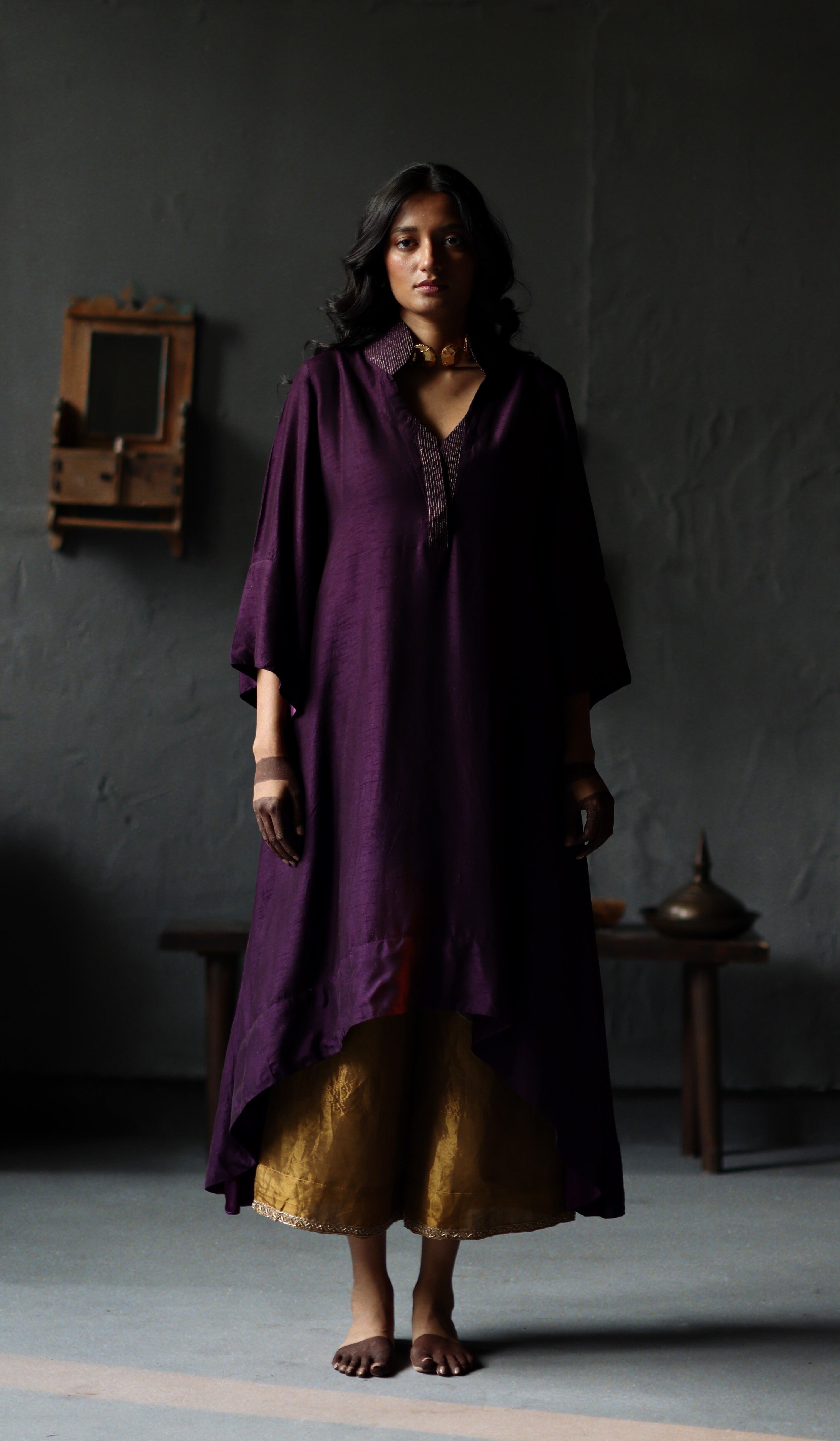Ooch Neech in Garnet Purple Raw Silk with Farshi