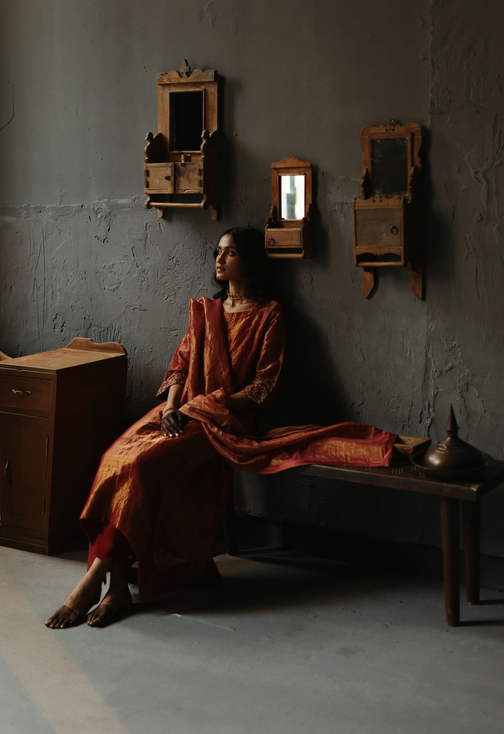 Asymmetrical Dress in Ruby Red Tissue with Pants