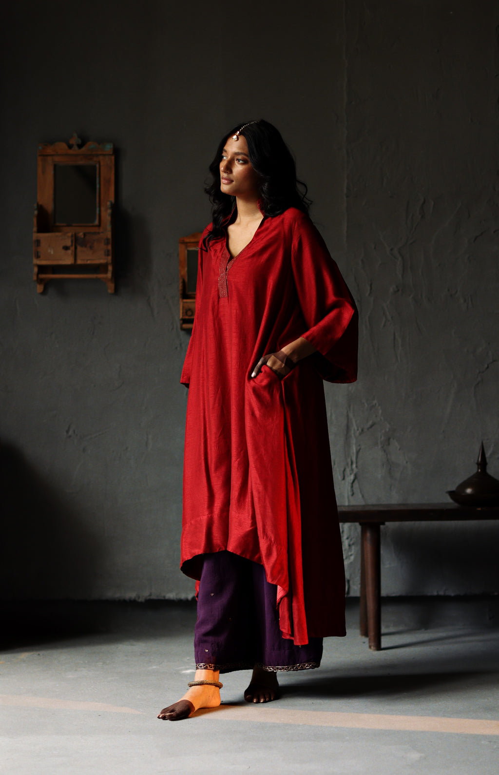 Ooch Neech in Ruby Red Raw Silk with Farshi